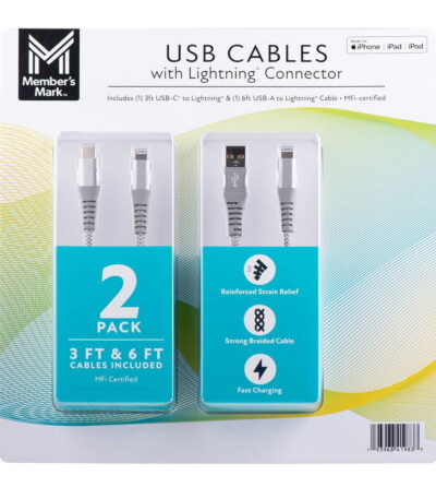 Member's Mark USB Lightning 3 Foot and 6 Foot Cables 2-Pack