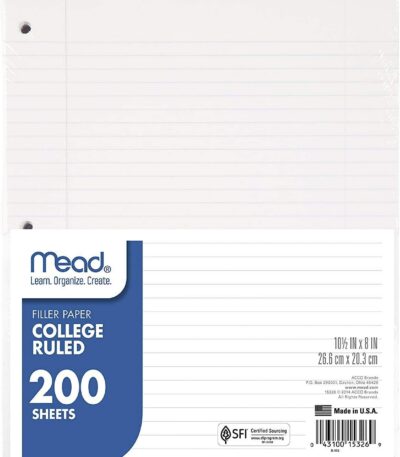 Mead Loose Leaf Paper, Wide Ruled, 200 Sheets, Standard 10-1/2" x 8", Lined Filler Paper, 3 Hole Punched for 3 Ring Binder, Writing & Office Paper, College, K-12 or Homeschool, 1-Pack (15200)