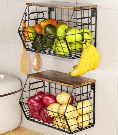 Wire Baskets With Wooden Lids 2-Pack