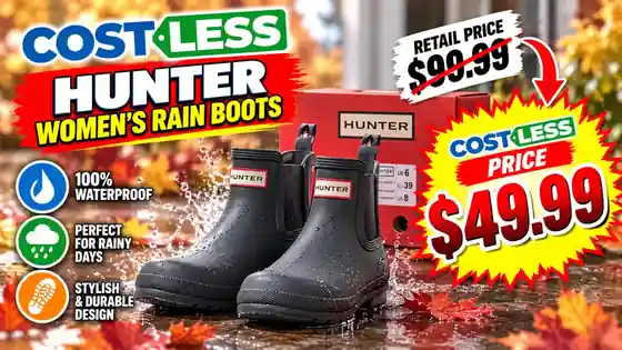 Hunter women's rain boots for $49.99 at Costless Wholesale